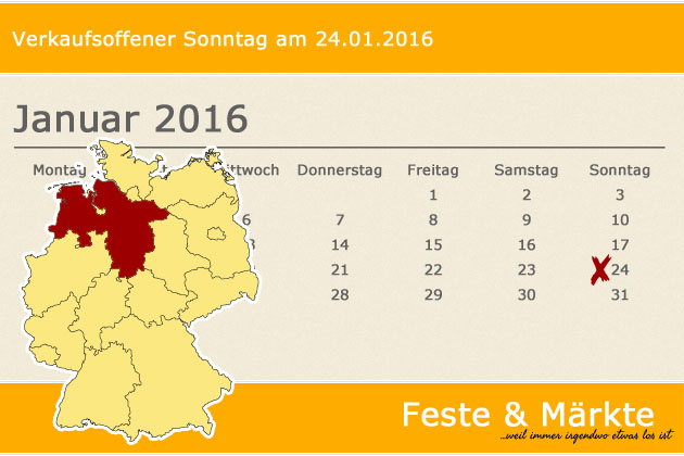 In Niedersachsen laden am 24.01.2016 die Orte Bad Nenndorf und Laatzen zum verkaufsoffenen Sonntag ein.