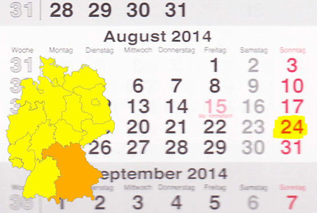 In Bayern laden am 24.08.2014 die Orte Bindlach, Erlangen, Marktredwitz, Parsberg, Pegnitz, Schwanfeld, Zirndorf zum verkaufsoffenen Sonntag ein.