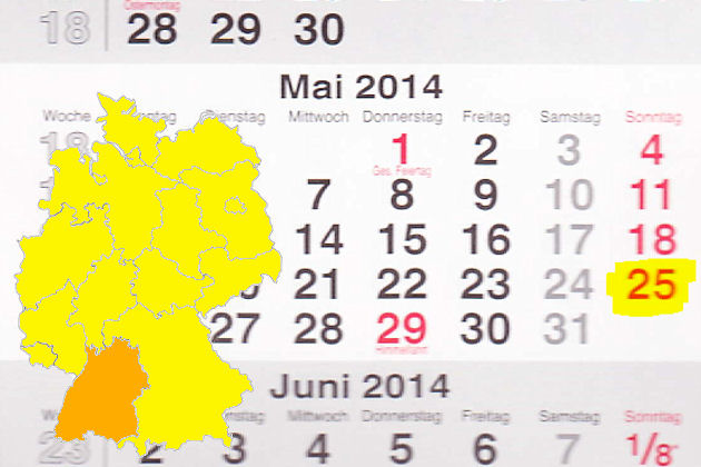 In Baden-Württemberg laden am 25.05.2014 die Orte Blaubeuren, Gomaringen, Hardheim, Ketsch und Triberg im Schwarzwald zum verkaufsoffenen Sonntag ein.