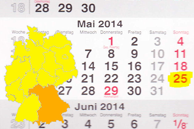 In Bayern laden am 25.05.2014 die Orte Arnstorf, Bad Füssing, Bad Wörishofen, Ergoldsbach, Isen, Lindenberg, Ludwigsstadt, Mering, Obernburg am Main, Pegnitz, Peißenbergund Rosenheim zum verkaufsoffenen Sonntag ein.