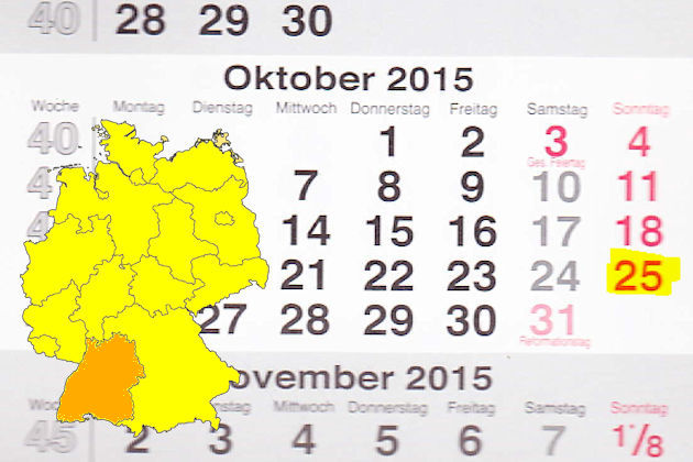 In Baden-Württemberg laden am 25.10.2015 die Orte Altensteig, Altlußheim, Backnang, Bad Buchau, Crailsheim, Dornstetten, Emmendingen, Haigerloch, Lahr/Schwarzwald, Metzingen, Nürtingen, Oberkirch, Offenau, Reilingen, Renchen, Schorndorf, Schwetzingen, 