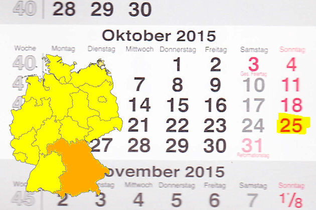 In Bayern laden am 25.10.2015 die Orte Aichach, Burghausen, Deggendorf, Forchheim, Freystadt, Gunzenhausen, Hebertsfelden, Helmbrechts, Hof (Saale), Kempten, Lohr am Main, Pfarrkirchen, Riedenburg, Rosenheim, Saal an der Donau, Schongau, Schwabmünchen, S