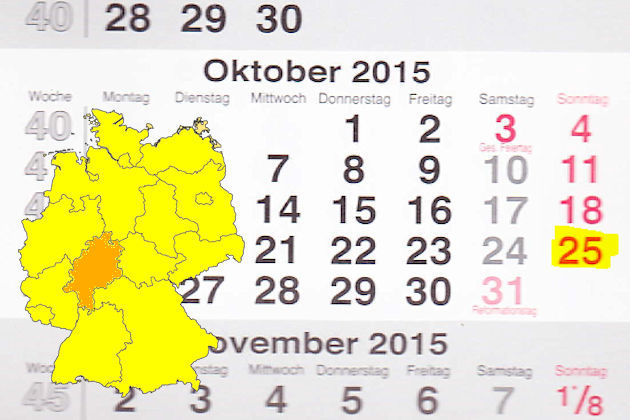 In Hessen laden am 25.10.2015 die Orte Bad Vilbel, Griesheim, Groß-Umstadt, Heppenheim, Karben, Kirchhain, Kronberg, Rödermark, Rodgau und Seligenstadt (teilweise) zum verkaufsoffenen Sonntag ein.