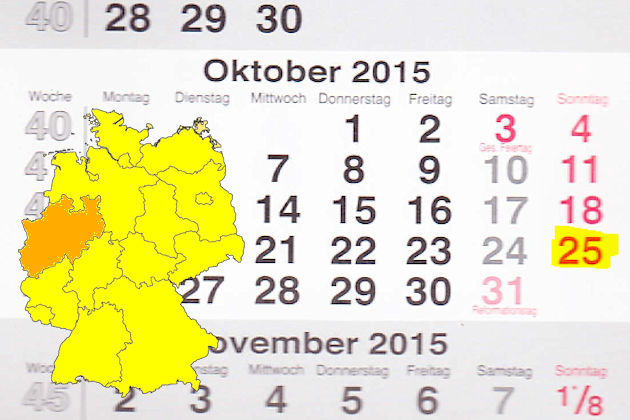 In Nordrhein-Westfalen laden am 25.10.2015 die Orte Aachen, Bad Honnef, Bielefeld, Borken, Brühl, Bünde, Büren, Coesfeld, Düren, Erkelenz, Essen, Euskirchen, Goch, Gummersbach, Hamm, Ibbenbühren, Lage, Lippstadt, Lübbecke, Nettetal, Oberhausen, Ocht