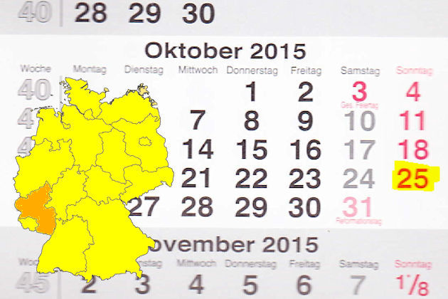 In Rheinland-Pfalz laden am 25.10.2015 die Orte Bad Kreuznach, Bad Neuenahr, Horhausen, Jünkerath, Kandel (Pfalz), Mainz, Oppenheim, Speyer, Trier und Worms (teilweise) zum verkaufsoffenen Sonntag ein.