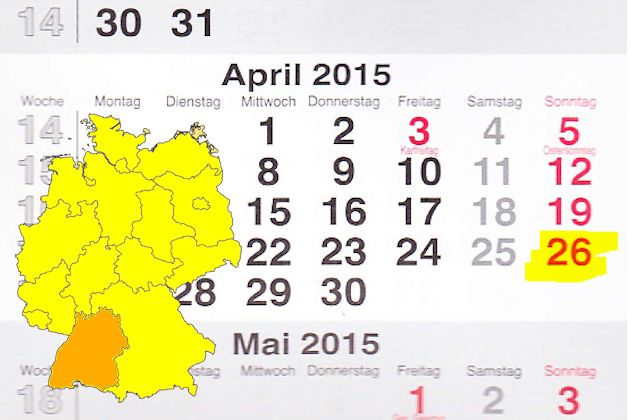 In Baden-Württemberg laden am 26.04.2015 die Achern, Bad Bellingen, Breisach am Rhein, Bretten, Emmendingen, Görwihl, Heilbronn, Herbolzheim, Königsfeld, Pforzheim, Reilingen, Rottenburg am Neckar, Schiltach, Stutensee und Tettnang zum verkaufsoffenen 