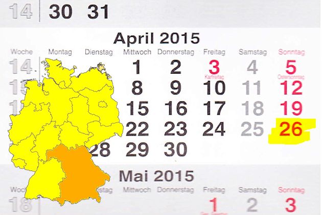 In Bayern laden am 26.04.2015 die Amberg, Aschaffenburg, Berching, Dingolfing, Dinkelsbühl, Freilassing, Haßfurt, Möttingen, Nabburg, Nittenau, Ochsenfurt, Partenstein, Rain am Lech, Rehau, Seubersdorf und Sonthofen zum verkaufsoffenen Sonntag ein.