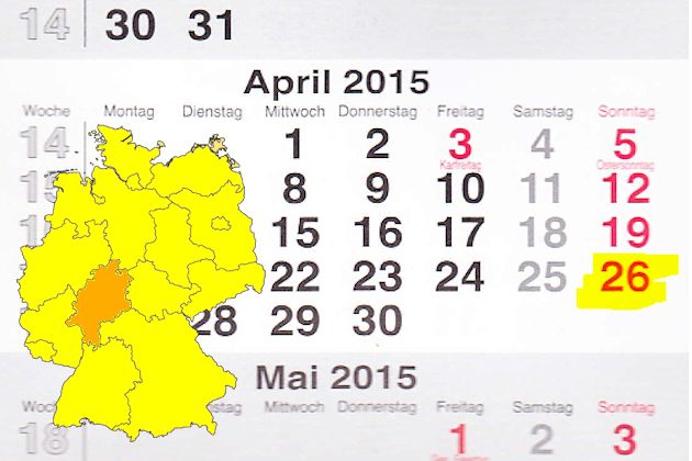 In Hessen laden am 26.04.2015 die Alsfeld, Altenstadt (Hessen), Bad Nauheim, Bad Soden am Taunus, Baunatal, Dillenburg, Erbach (Odenwald), Hochheim am Main, Karben, Königstein im Taunus, Melsungen, Rosbach v. d. Höhe und Schenklengsfeld zum verkaufsoffe