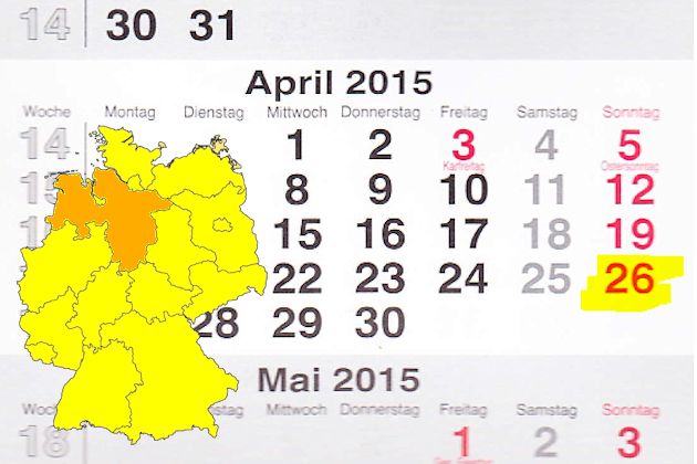 In Niedersachsen laden am 26.04.2015 die Bohmte, Bremervörde, Ganderkesee, Harsefeld, Hilter am Teutoburger Wald, Lachendorf, Nordhorn, Osnabrück, Papenburg, Peine, Schortens, Seesen, Soltau, Springe, Stelle (Landkreis Harburg) und Wolfenbüttel zum ver