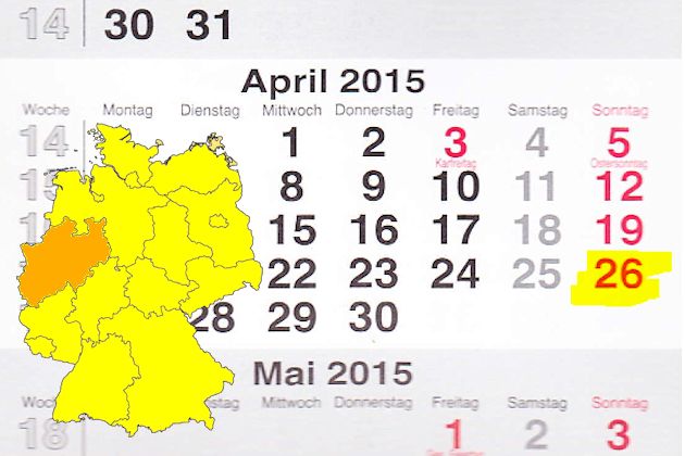 In Nordrhein-Westfalen laden am 26.04.2015 die Orte Ahaus, Alpen, Billerbeck, Blankenheim, Bocholt, Borken, Bottrop, Büren, Castrop-Rauxel, Dorsten, Eitorf, Enger, Essen, Euskirchen, Geldern, Grevenbroich, Gronau, Heiligenhaus, Horn-Bad Meinberg, Hövelh