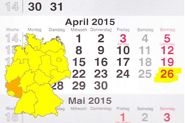 In Rheinland-Pfalz laden am 26.04.2015 die Andernach, Hermeskeil, Jünkerath, Mainz, Neumagen-Dhron, Weisenheim am Sand zum verkaufsoffenen Sonntag ein.