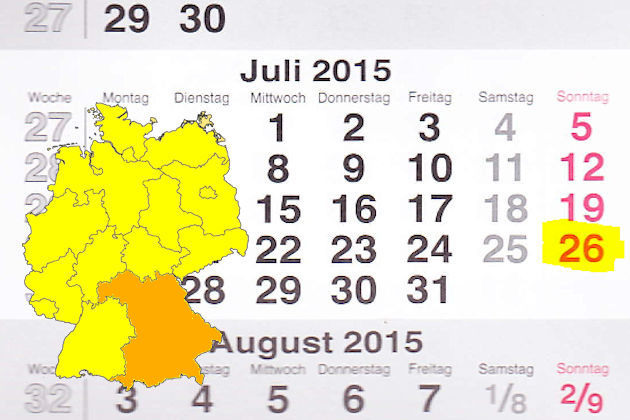In Bayern laden am 26.07.2015 die Orte Fürstenfeldbruck, Grafenwöhr, Greding, Langquaid, Oberasbach, Rain am Lech, Regen, Riedenburg, Schwabach und Schwandorf (teilweise) zum verkaufsoffenen Sonntag ein.