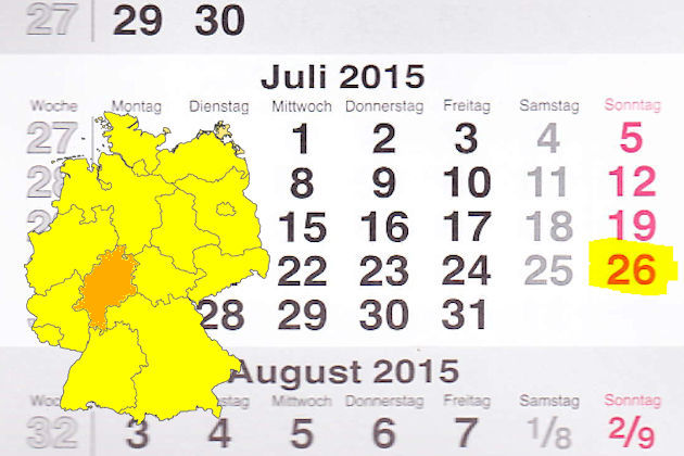 In Hessen laden am 26.07.2015 die Orte Biedenkopf, Erbach (Odenwald), Gelnhausen und Wetzlar (teilweise) zum verkaufsoffenen Sonntag ein.