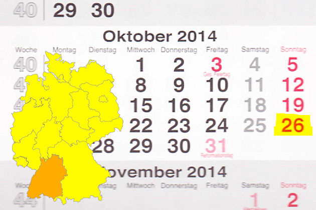 In Baden-Württemberg laden am 26.10.2014 die Orte Backnang, Crailsheim, Dornstetten, Emmendingen, Kornwestheim, Nürtingen, Oberkirch, Offenau, Renchen, Schorndorf, Stuttgart und Überlingen zum verkaufsoffenen Sonntag ein.