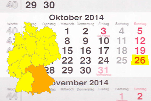 In Bayern laden am 26.10.2014 die Orte Burghausen, Deggendorf, Freystadt, Kempten, Kulmbach, Lohr am Main, Mühldorf am Inn, Schwabmünchen, Schweinfurt, Tirschenreuth, Unterschleißheim und Würzburg zum verkaufsoffenen Sonntag ein.