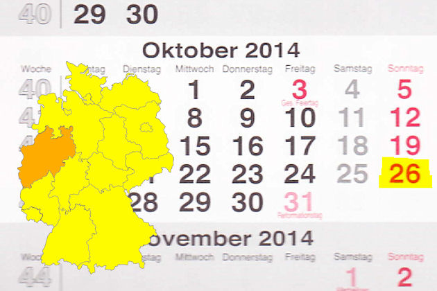 In Nordrhein-Westfalen laden am 26.10.2014 die Orte Aachen, Bad Honnef, Bielefeld, Borken, Brühl, Bünde, Büren, Coesfeld, Düren, Erkelenz, Essen, Euskirchen, Goch, Gummersbach, Hamm, Hilchenbach, Lage, Lippstadt, Lübbecke, Mülheim an der Ruhr, Nette