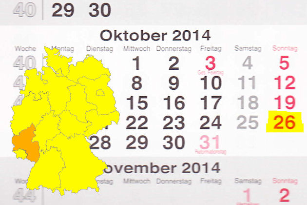 In Rheinland-Pfalz laden am 26.10.2014 die Orte Bad Kreuznach, Bad Neuenahr, Bingen am Rhein, Horhausen, Jünkerath, Kandel (Pfalz), Mainz, Speyer, Trier und Worms zum verkaufsoffenen Sonntag ein.