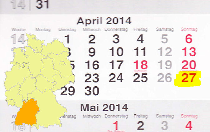 In Baden-Württemberg laden am 27.04.2014 Aalen, Breisach, Bretten, Böblingen-Hulb, Deggenhausertal, Ditzingen, Dornhan, Eggenstein-Leopoldshafen, Emmendingen, Gerlingen, Gottmadingen, Herbolzheim, Konstanz, Kornwestheim, Lörrach, Murrhardt, Nagold, Nec