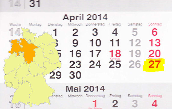 In Niedersachsen laden am 27.04.2014 Alfeld (Leine), Bardowick, Bohmte, Bramsche, Bremervörde, Damme, Dollern, Emsbüren, Esens, Freiburg/Elbe, Friesoythe, Ganderkesee-Bookholzberg, Geeste-Dalum, Hagen im Bremischen, Hannover-Hainholz, Hardegsen, Harsefe