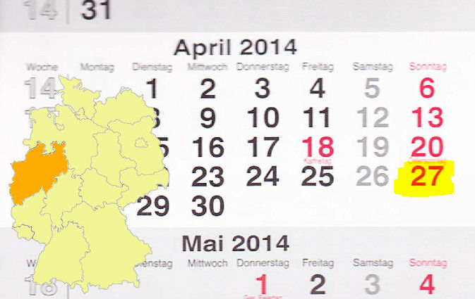 In Nordrhein-Westfalen laden am 27.04.2014 Ahaus-Wessum, Alpen, Bielefeld-Heepen, Billerbeck, Bocholt, Borken-Weseke, Bottrop, Büren, Dorsten-Holsterhausen, Duisburg-Walsum, Eitorf, Enger, Euskirchen, Freudenberg, Geldern-Innenstadt, Grevenbroich, Gronau