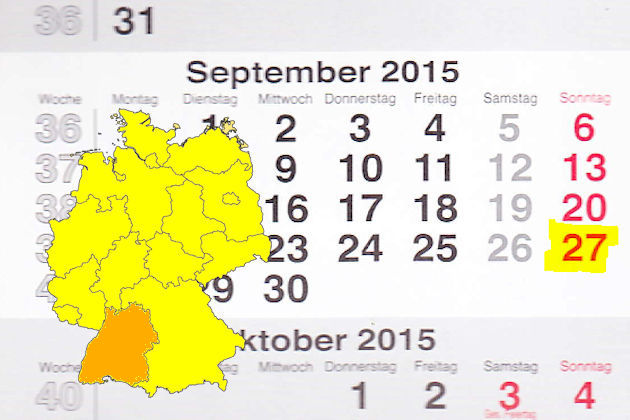 In Baden-Württemberg laden am 27.09.2015 die Orte Blaustein, Böblingen, Bretten, Gaggenau, Gosheim, Heidelberg, Ilshofen, Isny, Kenzingen, Laupheim, Neckargemünd, Pforzheim, Radolfzell, Rastatt, Stuttgart, Sulzbach an der Murr, Sulzfeld (Baden), Trocht