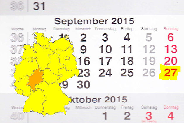 In Hessen laden am 27.09.2015 die Orte Bad Soden am Taunus, Birkenau, Braunfels, Büdingen, Erlensee, Eschwege, Frankenberg an der Eder, Gründau, Hanau, Königstein im Taunus, Melsungen und Wiesbaden (teilweise) zum verkaufsoffenen Sonntag ein.