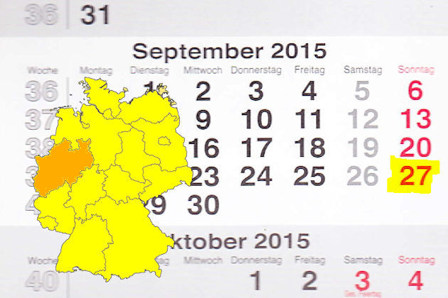 In Nordrhein-Westfalen laden am 27.09.2015 die Orte Aachen, Ahaus, Bad Münstereifel, Barntrup, Beckum, Bergisch Gladbach, Bielefeld, Bocholt, Bonn, Bottrop, Breckerfeld, Brilon, Büren, Dinslaken, Dormagen, Duisburg, Düsseldorf, Eitorf, Emsdetten, Ennig