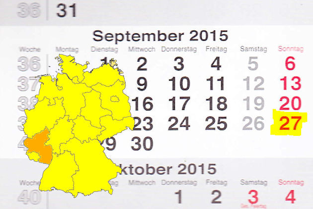 In Rheinland-Pfalz laden am 27.09.2015 die Orte Andernach, Bad Hönningen, Daaden, Dierdorf, Edenkoben, Grünstadt, Haßloch, Ingelheim am Rhein, Kastellaun, Morbach, Nassau, Nastätten, Schifferstadt, Weilerbach und Wörrstadt (teilweise) zum verkaufsoff