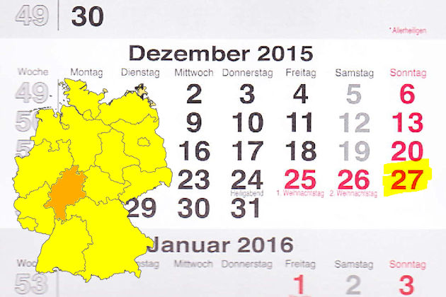 In Hessen laden am 27.12.2015 die Orte Geisenheim, Heuchelheim, Homberg (Efze), Offenbach am Main und Rotenburg an der Fulda (teilweise) zum verkaufsoffenen Sonntag ein.