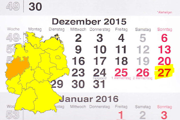 In Nordrhein-Westfalen laden am 27.12.2015 die Orte Bottrop, Dinslaken, Haan, Hamm, Herford, Hürth, Kleve, Plettenberg, Recklinghausen, Rheine, Übach-Palenberg, Unna und Witten (teilweise) zum verkaufsoffenen Sonntag ein.