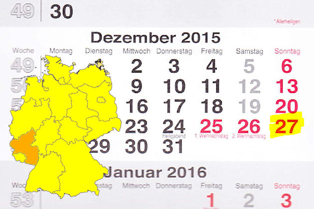 In Rheinland-Pfalz laden am 27.12.2015 die Orte Bellheim, Bitburg, Görgeshausen, Grünstadt, Landau in der Pfalz, Morbach, Mülheim-Kärlich, Pirmasens, Thallichtenberg und Zweibrücken (teilweise) zum verkaufsoffenen Sonntag ein.