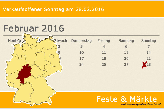 In Hessen haben wir für den 28.02.2016 leider keine regulären verkaufsoffenen Sonntage gefunden, dafür haben wir aber spezielle Shoppingtipps für Frankfurt am Main, Wiesbaden, Kassel und Darmstadt.