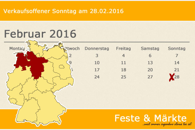 In Niedersachsen laden am 28.02.2016 die Orte Haselünne, Langwedel, Lohne und Wolfsburg zum verkaufsoffenen Sonntag ein.