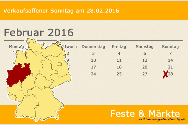 In Nordrhein-Westfalen laden am 28.02.2016 die Orte Issum, Velbert, Versmold und Witten zum verkaufsoffenen Sonntag ein.