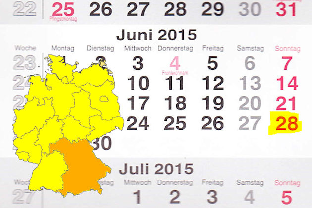 In Bayern laden am 28.06.2015 die Orte Aurach, Kaufbeuren, Kronach, Rothenburg ob der Tauber, Weilheim in Oberbayern und Zirndorf (teilweise) zum verkaufsoffenen Sonntag ein.