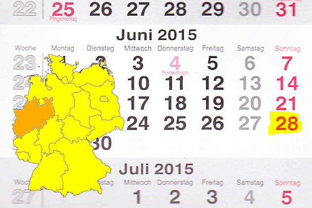 In Nordrhein-Westfalen laden am 28.06.2015 die Orte Arnsberg, Engelskirchen, Köln, Kreuzau, Lemgo, Mönchengladbach, Petershagen, Ratingen, Reken, Schermbeck und Wassenberg (teilweise) zum verkaufsoffenen Sonntag ein.