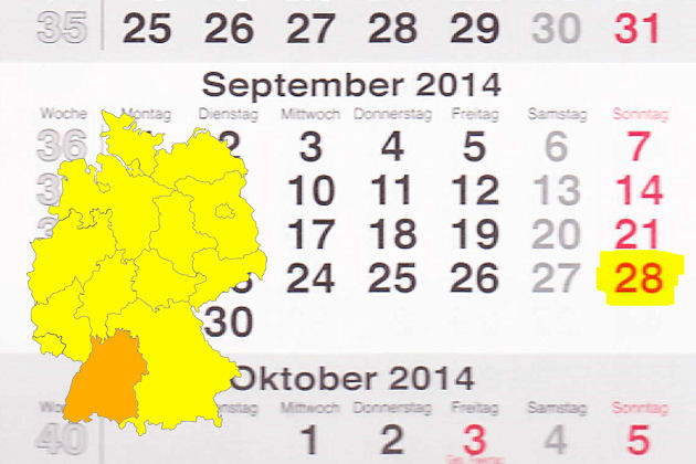 In Baden-Württemberg laden am 28.09.2014 die Orte Blaustein, Bretten, Dogern, Gaggenau, Gosheim, Ilshofen, Isny, Kenzingen, Laichingen, Laupheim, Niederstetten, Pforzheim, Rastatt, Stuttgart, Sulzbach an der Murr, Trossingen, Wehingen, Weil der Stadt und