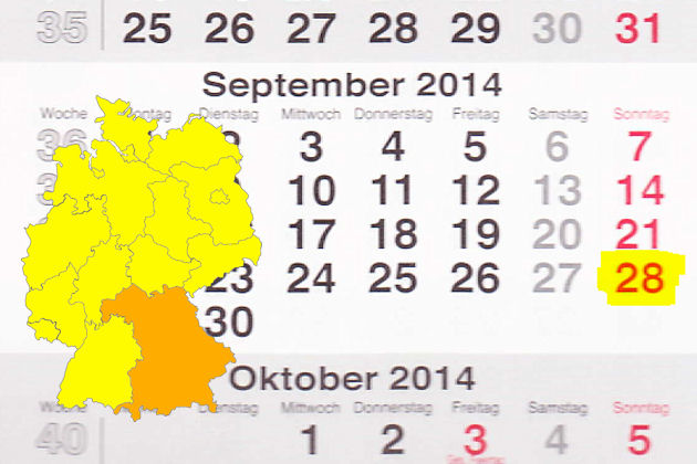 In Bayern laden am 28.09.2014 die Orte Augsburg, Bad Staffelstein, Bischofsheim an der Rhön, Burgau, Burgkirchen a.d.Alz, Feuchtwangen, Freilassing, Herrsching, Hof (Saale), Iphofen, Kulmbach, Küps, Landau an der Isar, Miesbach, Miltenberg, Mitterteich,