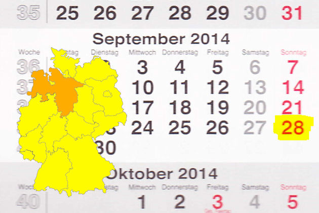 In Niedersachsen laden am 28.09.2014 die Orte Bad Bevensen, Bad Harzburg, Bad Lauterberg im Harz, Barsinghausen, Beverstedt, Braunschweig, Celle, Damme, Friedeburg, Garbsen, Göttingen, Hage, Hann. Münden, Hesel, Hildesheim, Isernhagen, Laatzen, Lehrte, 