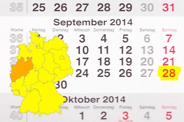 In Nordrhein-Westfalen laden am 28.09.2014 die Orte Aachen, Ahaus, Bad Laaspe, Barntrup, Bergneustadt, Bielefeld, Bocholt, Bonn, Bottrop, Brilon, Dinslaken, Dormagen, Duisburg, Düsseldorf, Eitorf, Emsdetten, Ennigerloh, Erkelenz, Espelkamp, Finnentrop, G