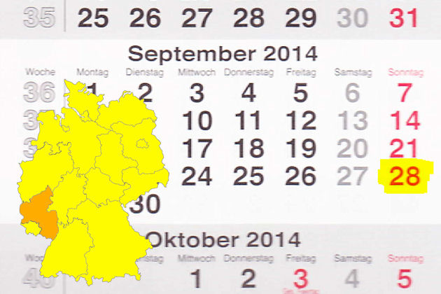 In Rheinland-Pfalz laden am 28.09.2014 die Orte Andernach, Bad Hönningen, Daaden, Dierdorf, Edenkoben, Haßloch, Hockenheim, Kastellaun, Morbach, Schifferstadt und Wörrstadt zum verkaufsoffenen Sonntag ein.