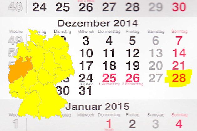In Nordrhein-Westfalen laden am 28.12.2014 die Orte Bottrop, Dinslaken, Haan, Halver, Hamm, Hürth, Kleve, Leverkusen, Neuss, Recklinghausen, Rheine, Steinheim in Westfalen und Unna zum verkaufsoffenen Sonntag ein.