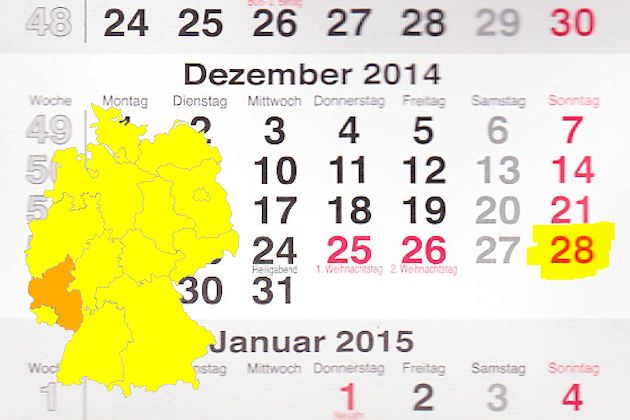 In Rheinland-Pfalz laden am 28.12.2014 die Orte Bellheim, Frankenthal (Pfalz), Grünstadt, Morbach, Mülheim-Kärlich, Pirmasens, Thallichtenberg, Wirges, Wittlich und Zweibrücken zum verkaufsoffenen Sonntag ein.