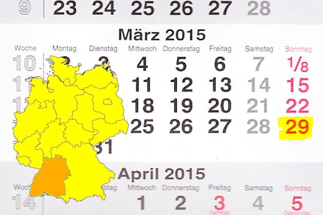 In Baden-Württemberg laden am 29.03.2015 die Orte Alfdorf, Besigheim, Durmersheim, Göppingen, Güglingen, Heidenheim an der Brenz, Kehl, Lahr/Schwarzwald, Lauffen, Leingarten, Oberkochen, Offenburg, Ostfildern-Ruit, Renningen, Schwetzingen, Stockach, Ul