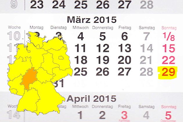 In Hessen laden am 29.03.2015 die Orte Bad Wildungen, Dillenburg, Eschwege, Fritzlar, Hanau, Kassel, Limburg a. d. Lahn, Lorch am Rhein, Michelstadt, Nidda und Wetzlar zum verkaufsoffenen Sonntag ein.