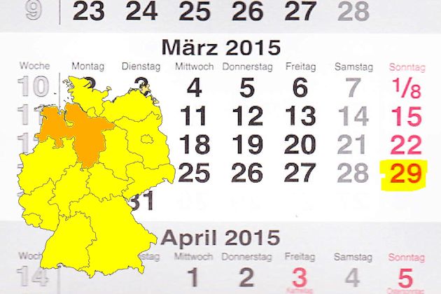 In Niedersachsen laden am 29.03.2015 die Orte Amelinghausen, Belm, Bodenwerder, Celle, Fürstenau, Goslar, Hannover, Isernhagen, Leer, Nienburg (Weser), Nordhorn, Oldenburg, Osnabrück, Quakenbrück, Soltau, Sulingen, Uelzen, Wagenfeld, Westerstede und Wo