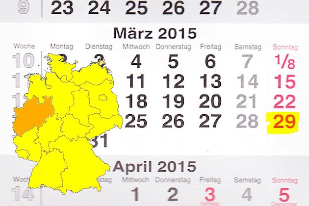 In Nordrhein-Westfalen laden am 29.03.2015 die Orte Aachen, Bad Honnef, Bad Waldliesborn, Baesweiler, Brilon, Castrop-Rauxel, Coesfeld, Datteln, Dinslaken, Dormagen, Düren, Düsseldorf, Eschweiler, Essen, Gelsenkirchen, Gescher, Gladbeck, Greven, Höxter