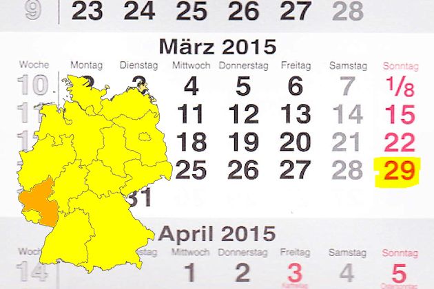 In Rheinland-Pfalz laden am 29.03.2015 die Orte Andernach, Bad Hönningen, Bad Neuenahr-Ahrweiler, Hillesheim, Kaisersesch, Koblenz, Konz, Ludwigshafen, Lutzerath, Morbach, Neustadt an der Weinstraße, Rheinzabern, Saarburg, Schweich, Zell (Mosel) und Zwe