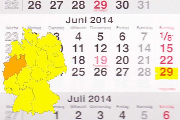 In Nordrhein-Westfalen laden am 29.06.2014 die Orte Ahlen, Arnsberg, Bergheim, Burscheid, Gladbeck, Kerpen, Krefeld, Kreuzau, Köln, Lemgo, Löhne, Lünen, Mönchengladbach, Nettetal, Neunkirchen-Seelscheid, Niederkassel, Schermbeck, Solingen, Velbert, Wa
