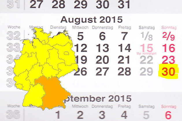 In Bayern laden am 30.08.2015 die Orte Krumbach, Münnerstadt, Petersaurach, Scheinfeld, Schwarzenbach am Wald, Stein, Sünching und Weisendorf (teilweise) zum verkaufsoffenen Sonntag ein.